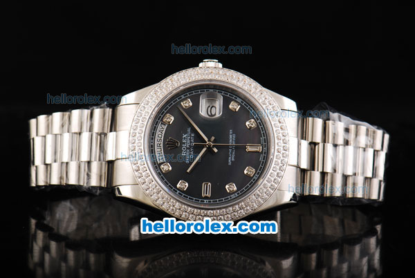 Rolex Day Date II Automatic Movement Full Steel with Double Row Diamond Bezel-Diamond Markers and Black MOP Dial - Click Image to Close